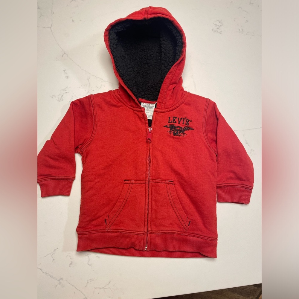 VTG Rare Levi's 12M Red Hooded Kids Zip-Up Sweatshirt Embroidered Logo